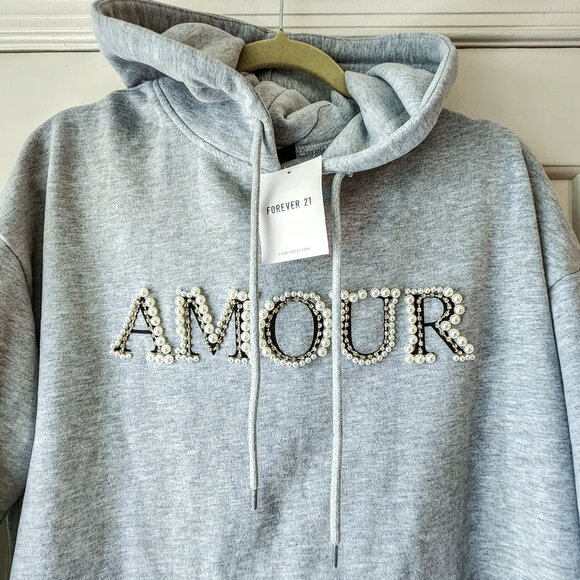 Forever 21 Amour Grey Hoodie Pearls Crystals Sz L Kangaroo Pocket Embellished - Picture 8 of 13